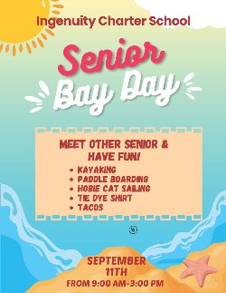 Colorful summer-themed flyer for our annual senior event called Senior Bay Day.